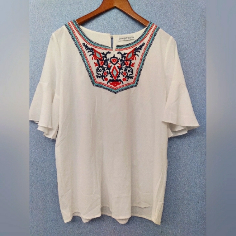 Snapdragon Retro Embroidery Print‎ White Ruffled Batwing  Top Blouse